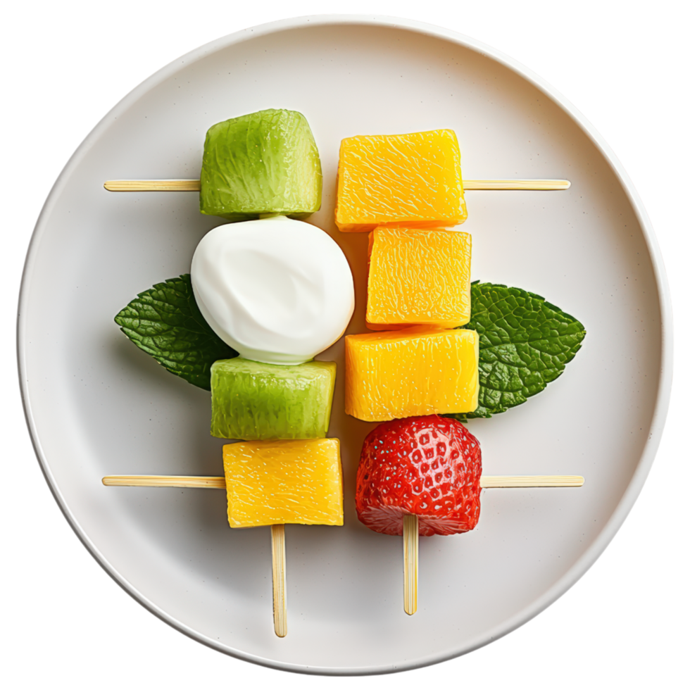 Free Isolated on Transparent Background, Fresh fruit skewers with yogurt, vibrant colors, and refreshing presentation png