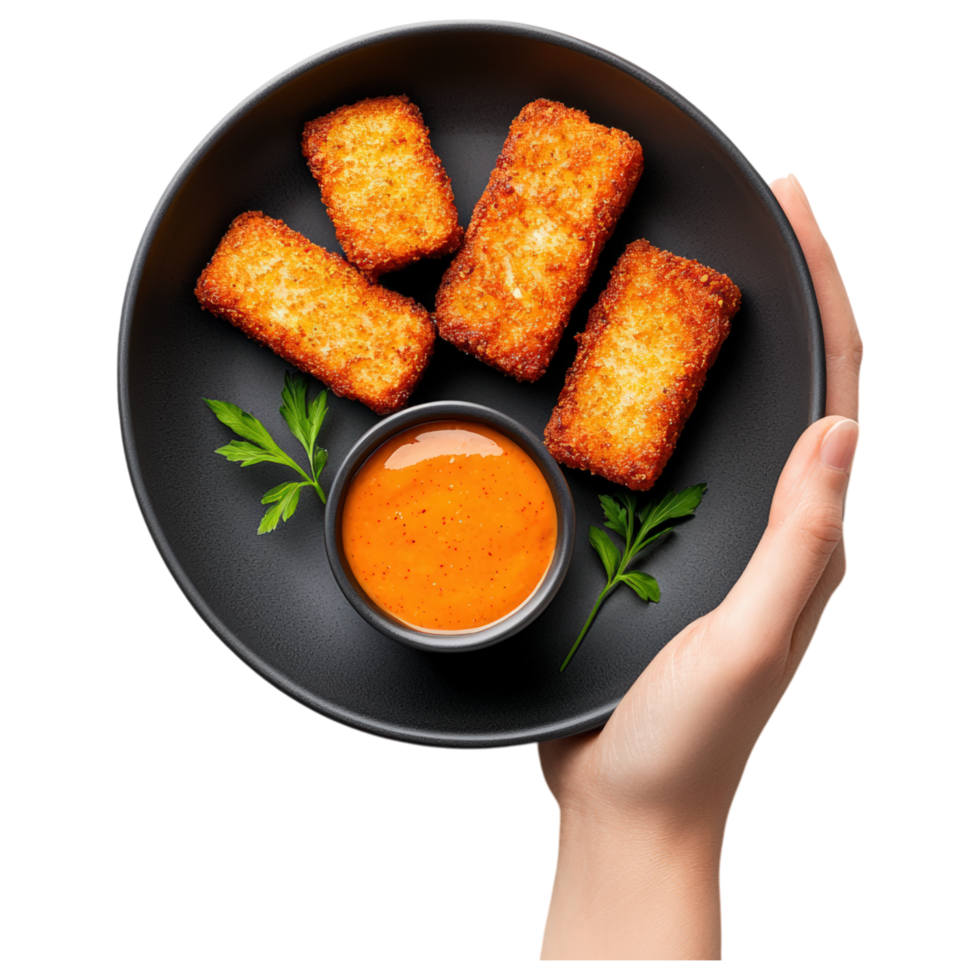 Free Isolated on Transparent Background, Crispy, golden snacks served with spicy dipping sauce, perfect for sharing and enjoying food png
