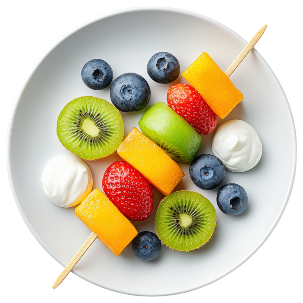 Free Isolated on Transparent Background, Fresh fruit skewers with vibrant colors, showcasing mix of berries, kiwi, and creamy dip, perfect for png