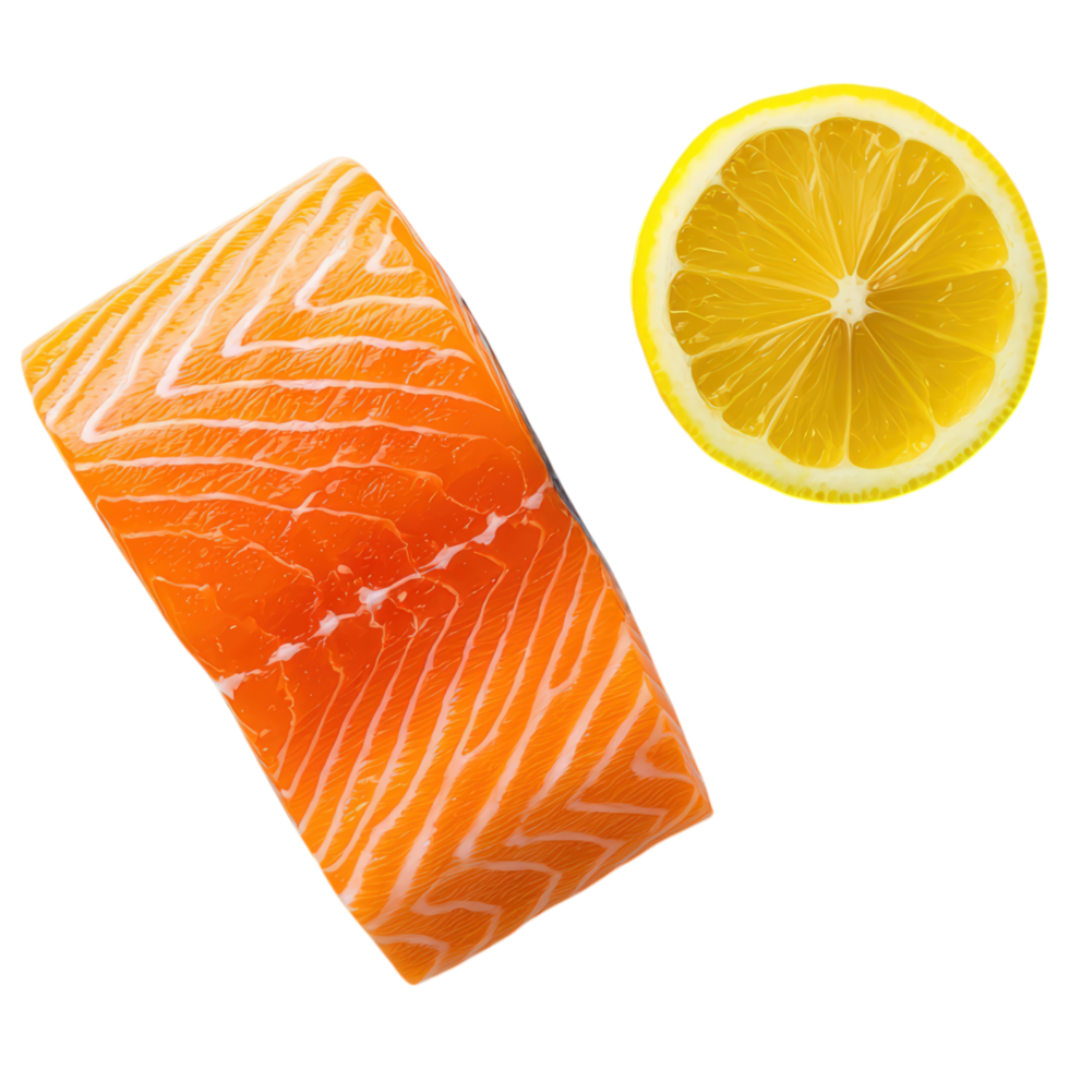 Free Isolated on Transparent Background, Fresh salmon fillet, vibrant orange color, and slice of lemon, perfect for food and beverage lovers png