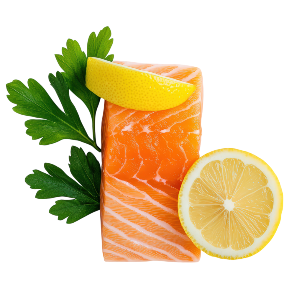 Free Isolated on Transparent Background, Fresh salmon fillet with lemon and parsley, perfect for food and beverage preparation png