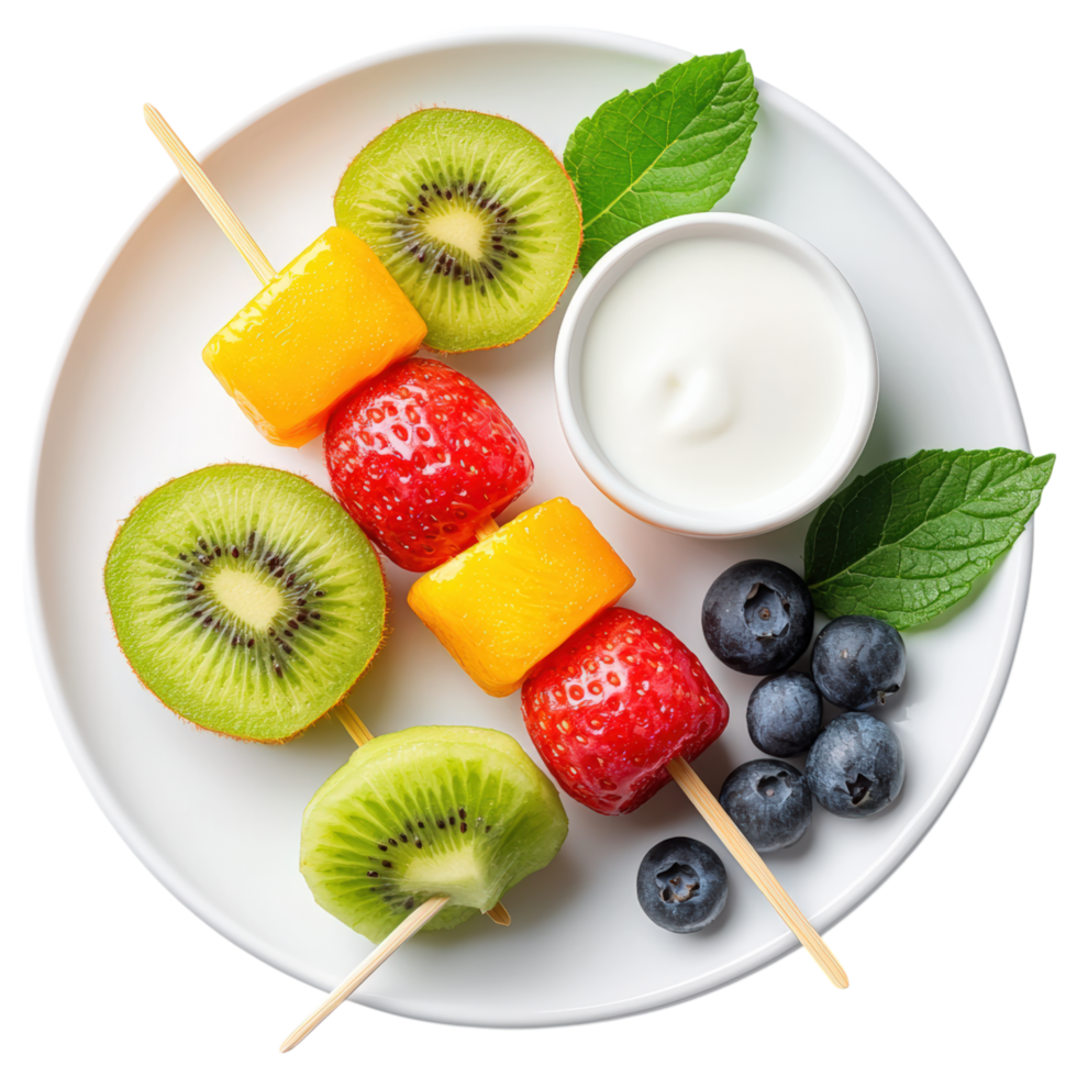 Free Isolated on Transparent Background, Fresh fruit skewers with yogurt dip, showcasing vibrant colors and healthy options, perfect for food and png