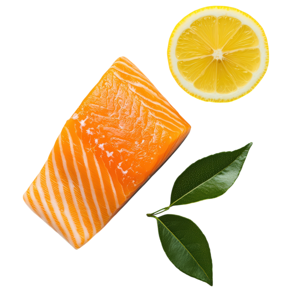 Free Isolated on Transparent Background, Fresh salmon fillet, lemon slice, and green leaves create vibrant food and beverage presentation png