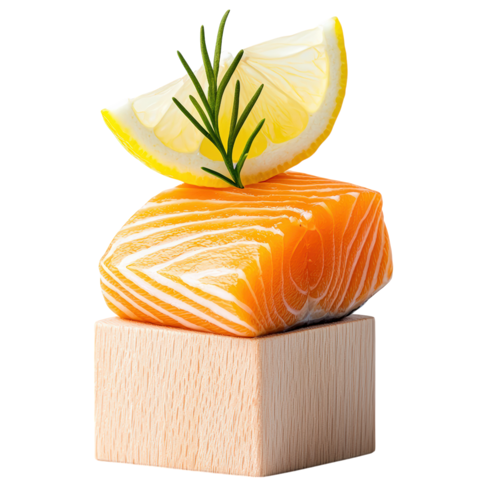 Free Isolated on Transparent Background, Fresh salmon fillet, garnished with lemon and herbs, showcasing vibrant colors and textures png