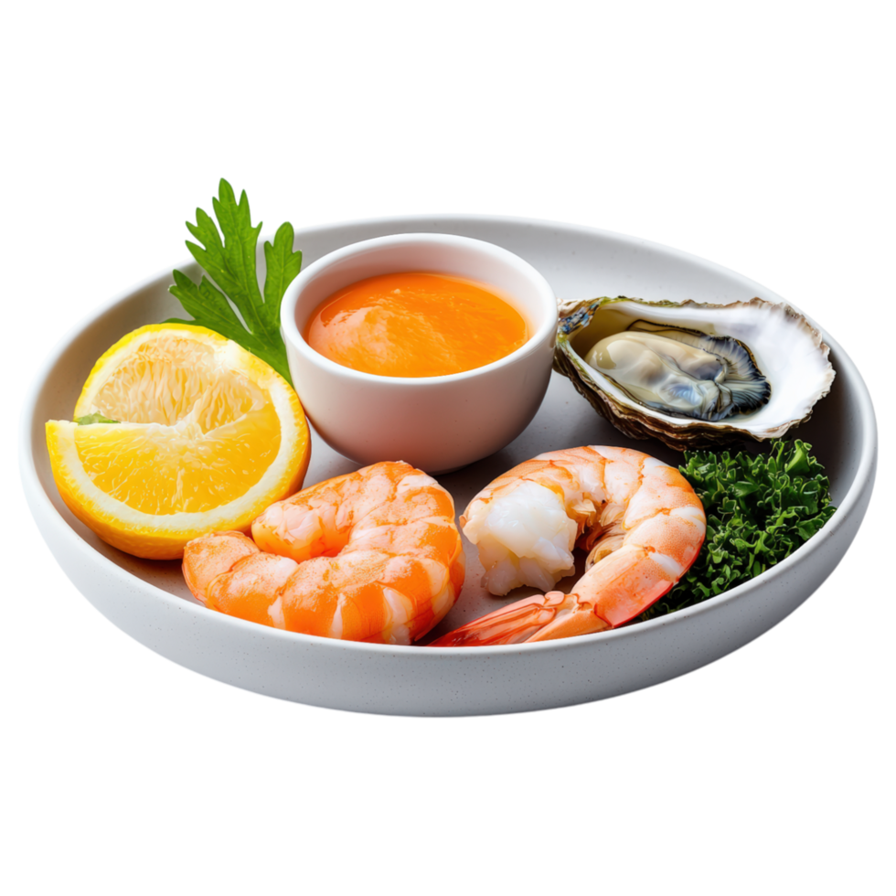 Free Isolated on Transparent Background, Fresh seafood platter featuring shrimp, oyster, lemon, and sauce, perfect for food and beverage lovers png