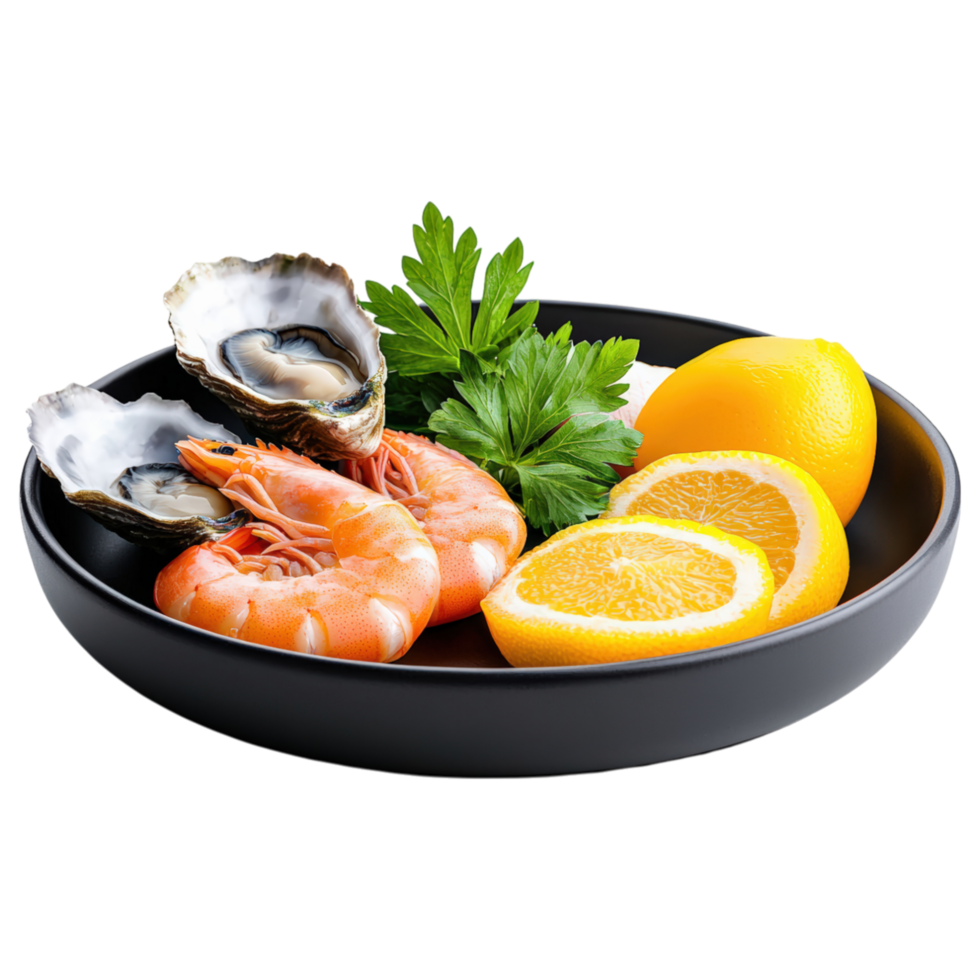 Free Isolated on Transparent Background, Fresh seafood platter with shrimp, oysters, lemon, and parsley, perfect for food and beverage lovers png