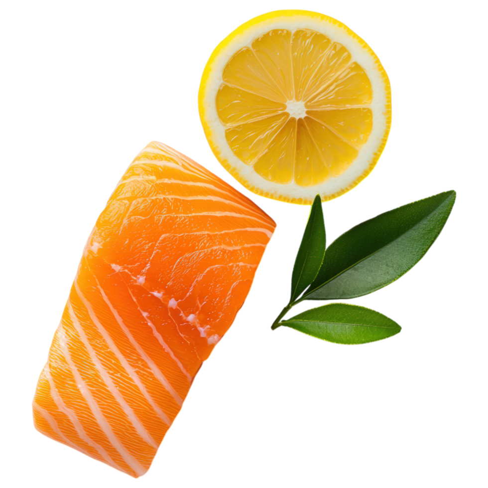 Free Isolated on Transparent Background, Fresh salmon fillet, lemon slice, and green leaves create vibrant food and beverage composition png