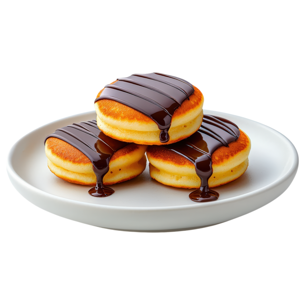 Free Isolated on Transparent Background, Delicious pancakes topped with rich chocolate sauce, perfect for breakfast or dessert, showcasing food png