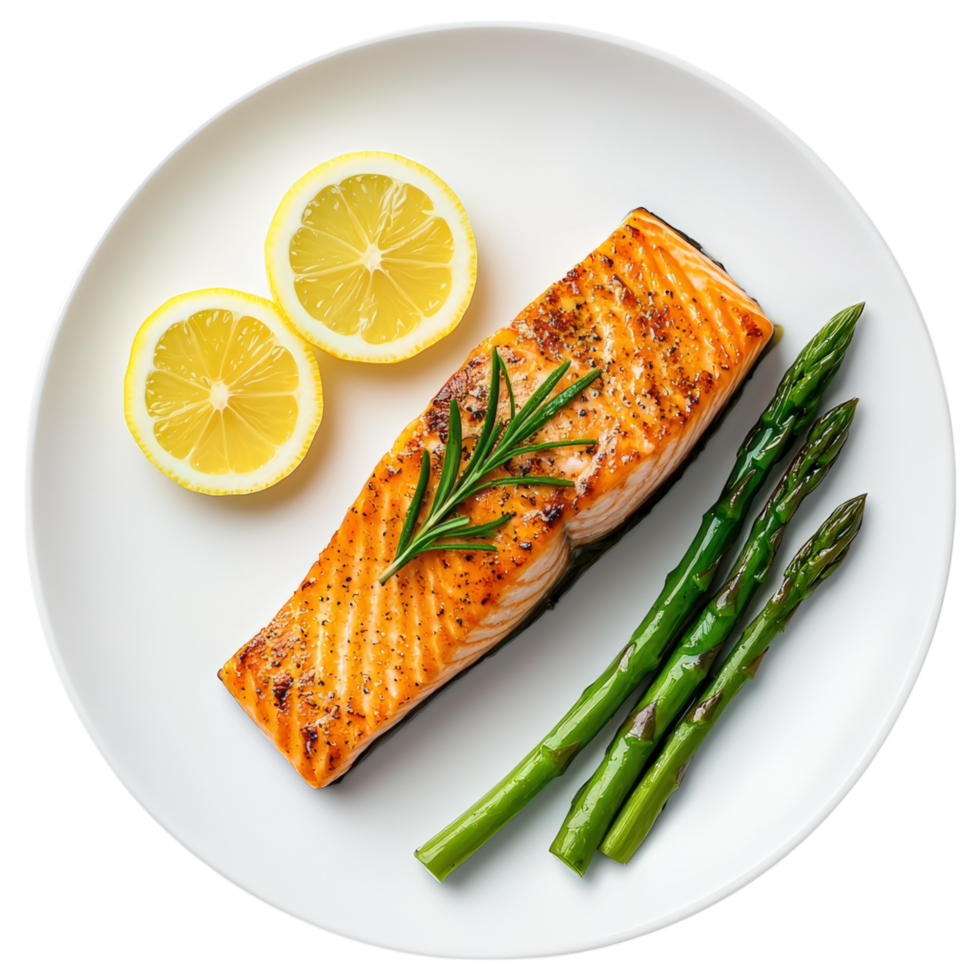 Free Isolated on Transparent Background, Delicious salmon fillet with asparagus, lemon slices, and herbs, perfect for healthy meal, food png
