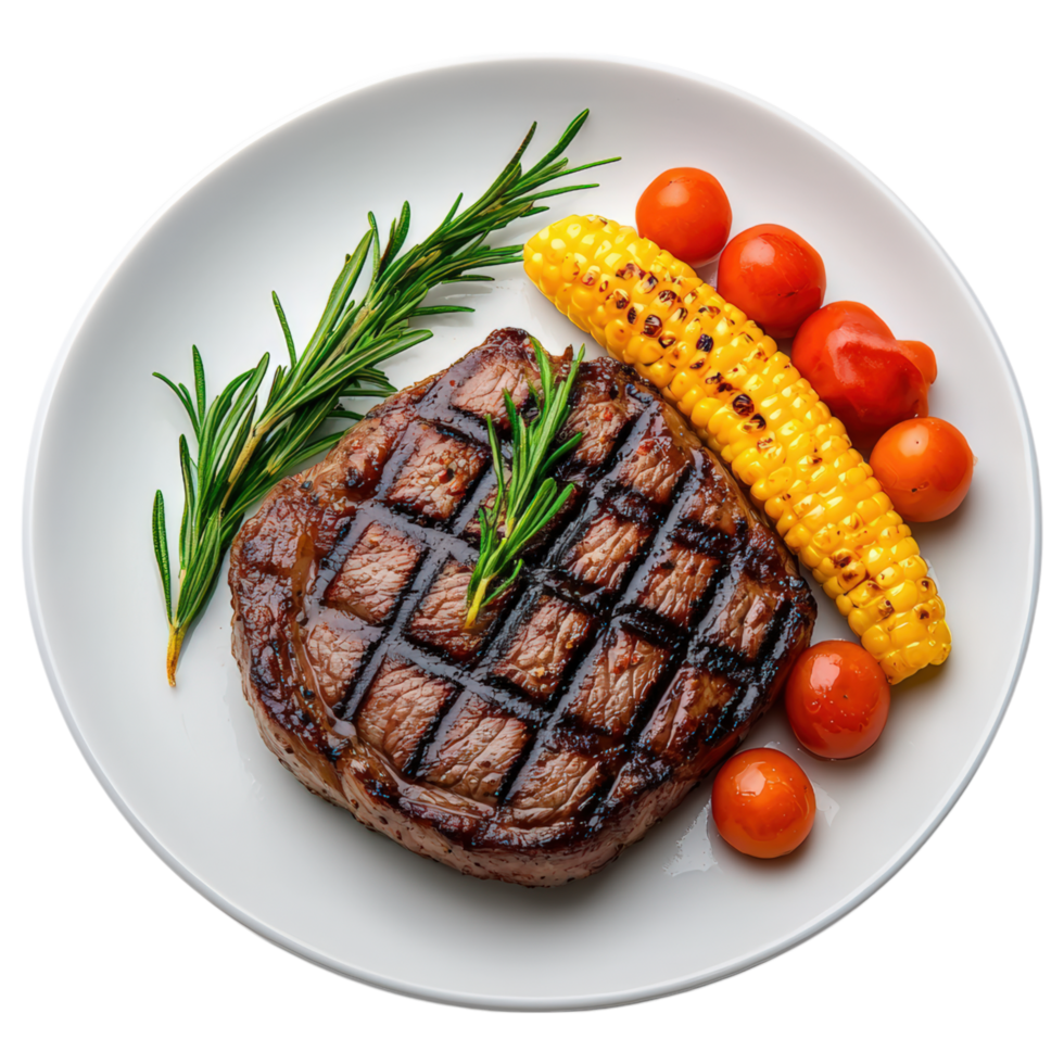 Free Isolated on Transparent Background, Grilled steak, corn, and tomatoes plate, showcasing vibrant colors and textures, perfect for food and png