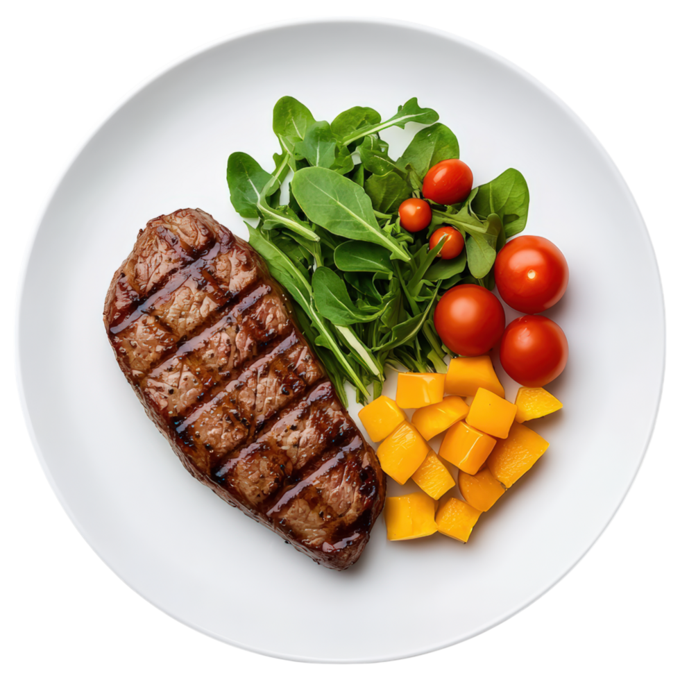 Free Isolated on Transparent Background, Juicy steak, fresh salad, and vibrant mango create delightful food and beverage experience png