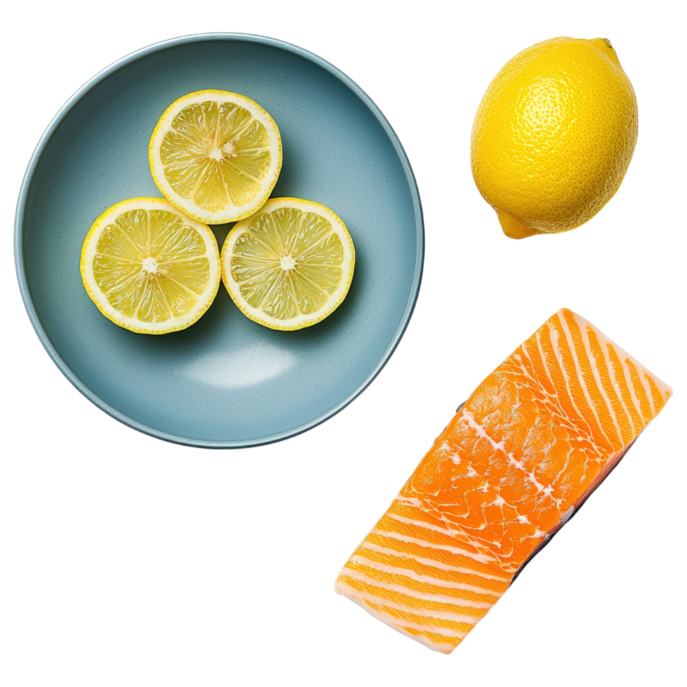 Free Isolated on Transparent Background, Fresh salmon, lemon slices, and whole lemon on blue plate create vibrant food, and beverage scene png