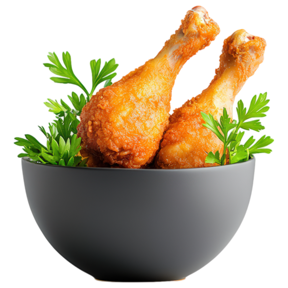 Free Isolated on Transparent Background, Crispy, golden chicken drumsticks served with fresh herbs, perfect for any meal, food, and beverage png