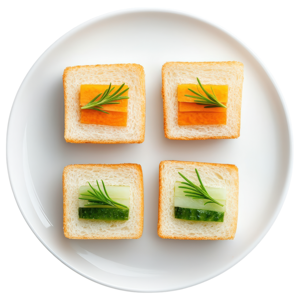 Free Isolated on Transparent Background, Delightful food and beverage presentation featuring colorful vegetable toppings on bread squares png