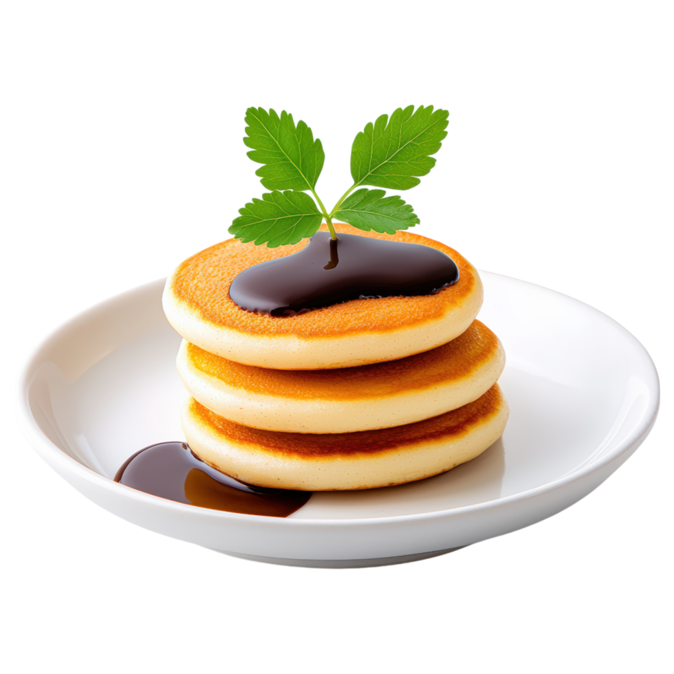Free Isolated on Transparent Background, Fluffy pancakes stacked high, drizzled with syrup, and garnished with fresh leaf, perfect for food and png