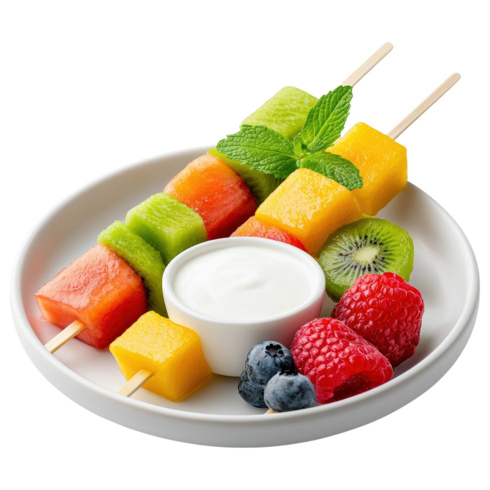 Free Isolated on Transparent Background, Fresh fruit skewers with yogurt dip, colorful and vibrant, perfect for healthy snack or dessert png