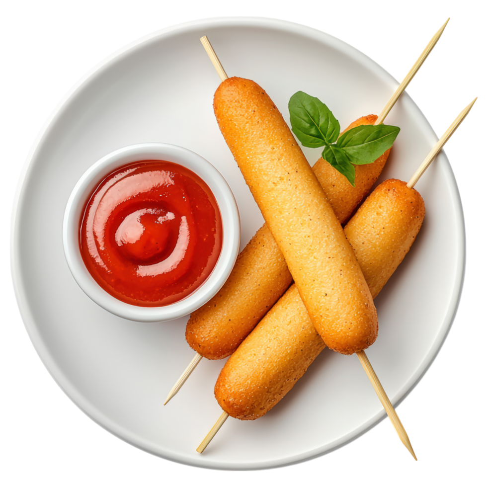 Free Isolated on Transparent Background, Crispy corn dogs served with side of tangy ketchup, perfect for snacks and gatherings, food, and beverage png