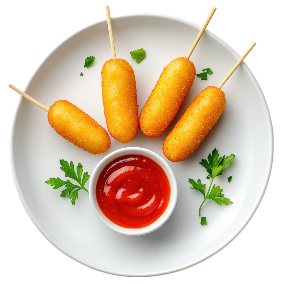 Free Isolated on Transparent Background, Crispy, golden corn dogs served with side of tangy dipping sauce, perfect for snacks, food, and beverage png