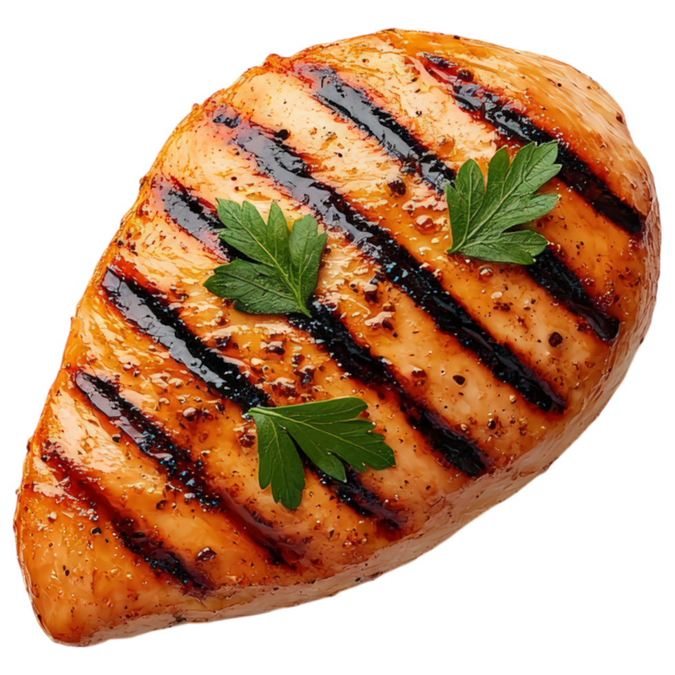 Free Isolated on Transparent Background, Grilled chicken breast with herbs, showcasing delicious and appetizing appearance, perfect for food png