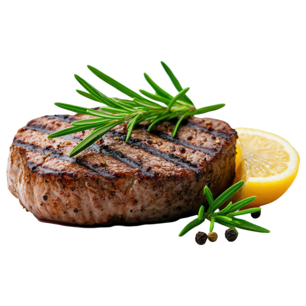 Free Isolated on Transparent Background, Grilled steak with herbs, lemon, and spices, perfect for food and beverage lovers png