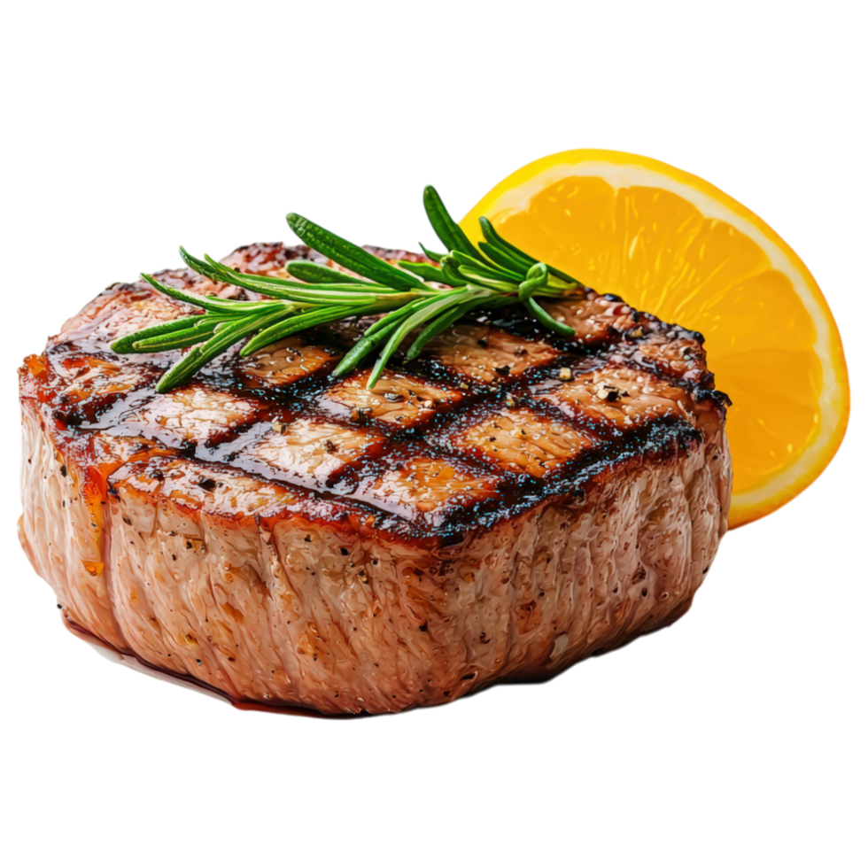 Free Isolated on Transparent Background, Grilled steak, food, and beverage, garnished with herbs and citrus, looks delicious and inviting png