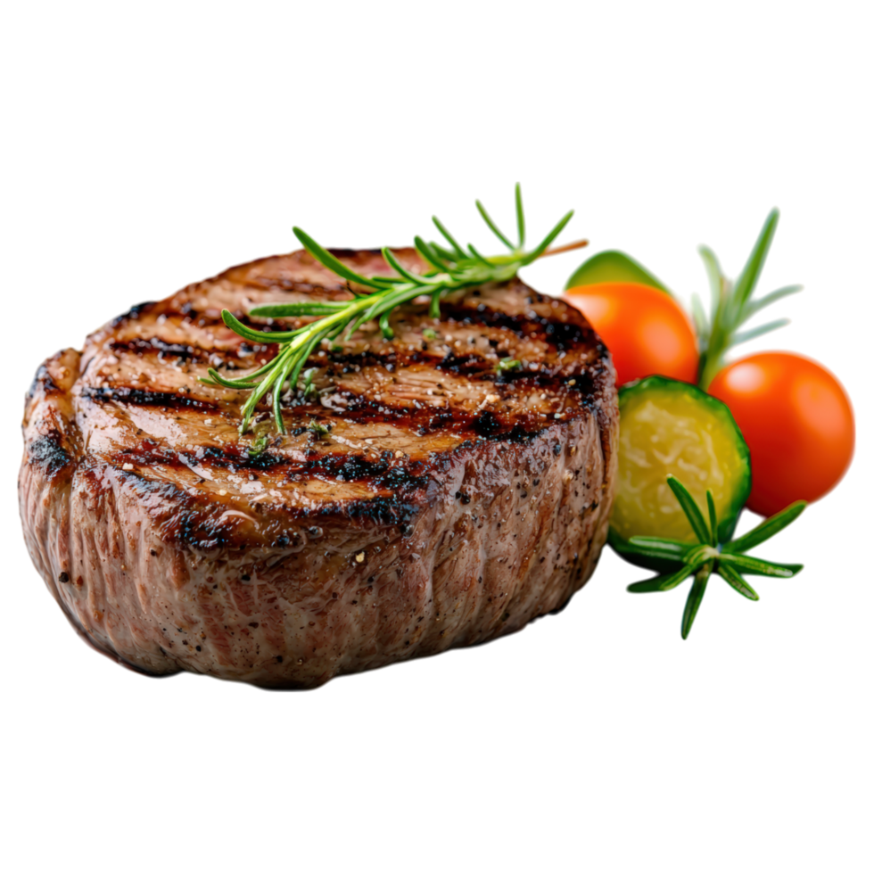Free Isolated on Transparent Background, Grilled steak with fresh herbs, tomatoes, and zucchini, showcasing delicious food and beverage options png