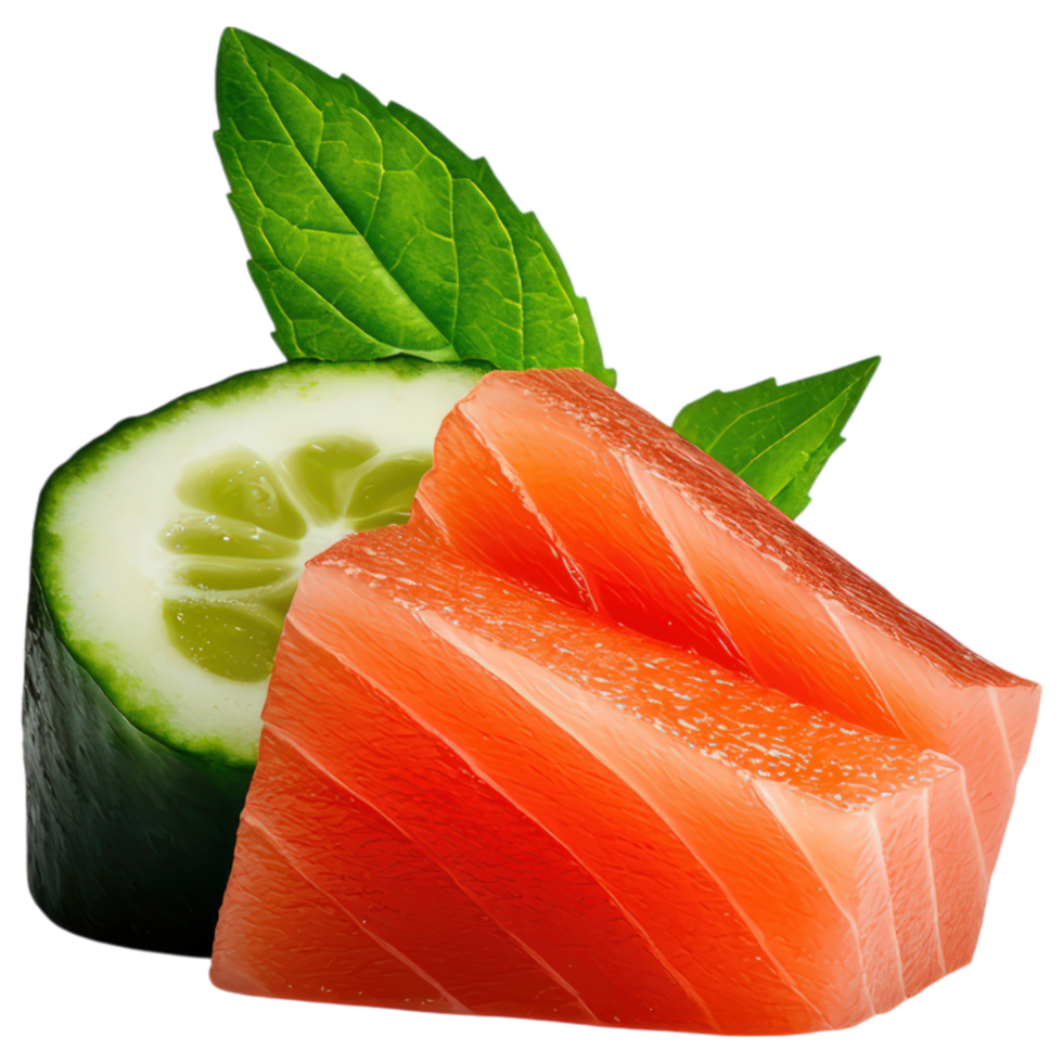 Free Isolated on Transparent Background, Fresh salmon, cucumber, and mint leaves create vibrant sushi presentation, showcasing food and beverage png