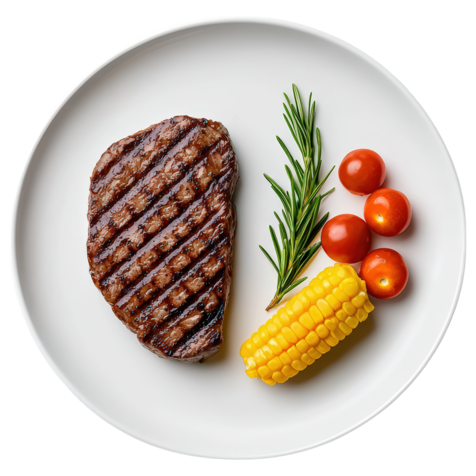 Free Isolated on Transparent Background, Grilled steak, corn, and tomatoes on plate, showcasing delicious food and beverage options png