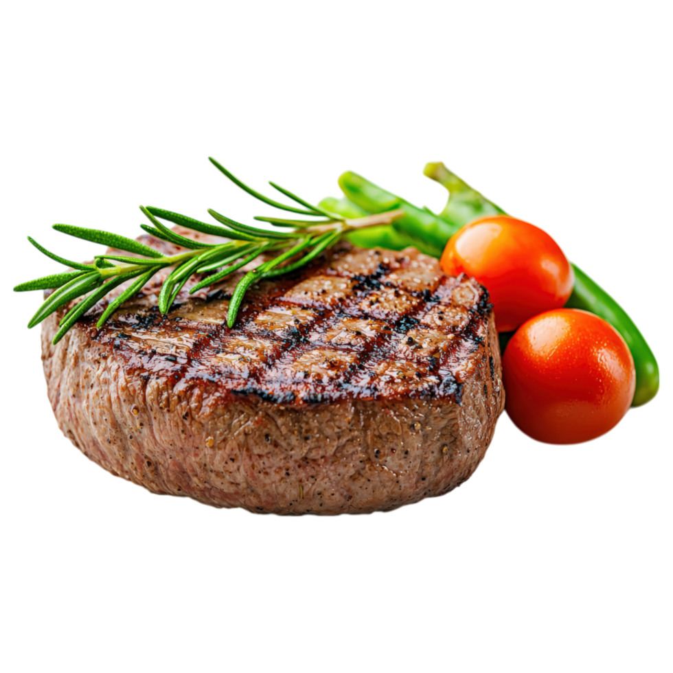 Free Isolated on Transparent Background, Grilled steak with fresh herbs, tomatoes, and green peppers, perfect for food and beverage lovers png