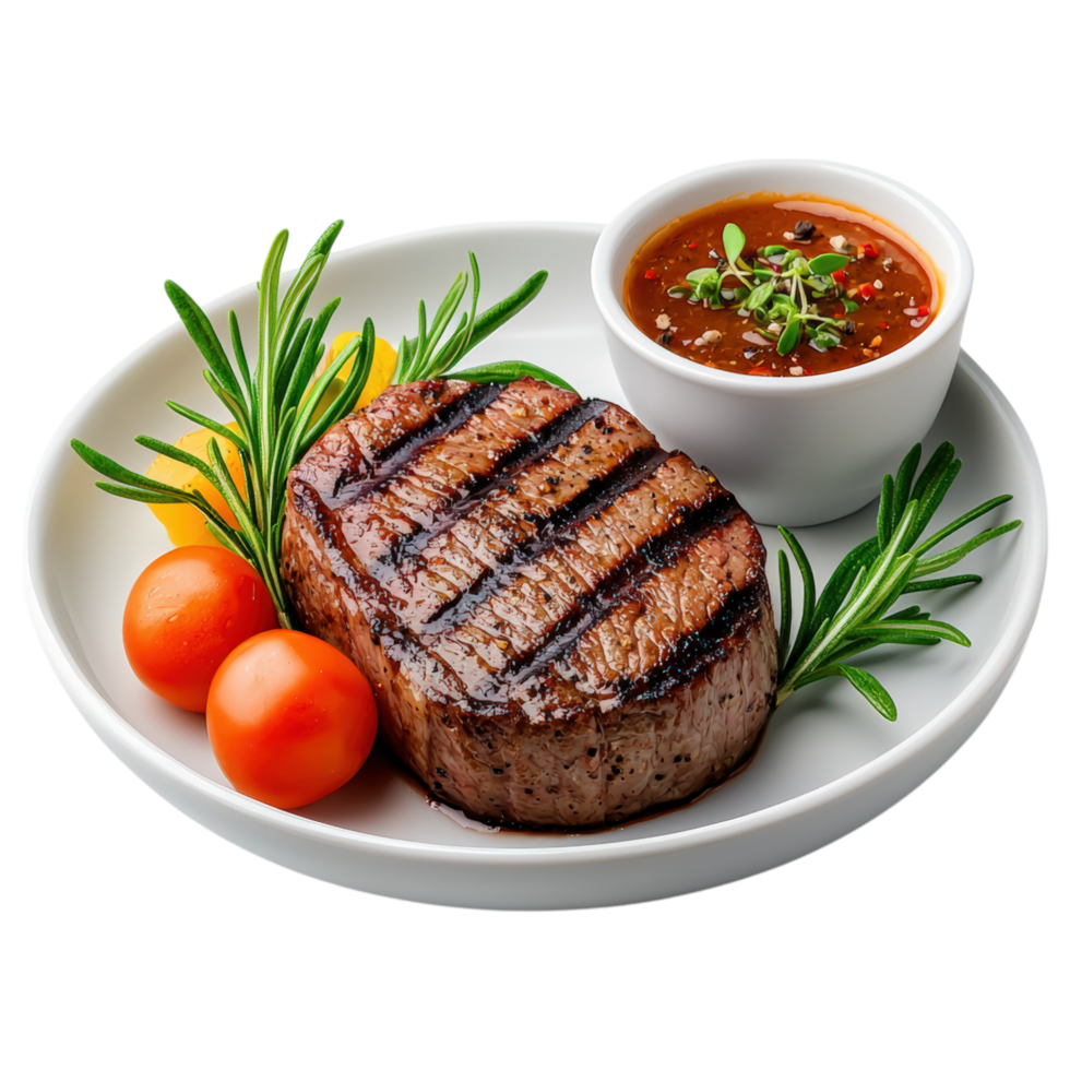 Free Isolated on Transparent Background, Grilled steak with fresh herbs, tomatoes, and savory sauce, perfect for food and beverage lovers png