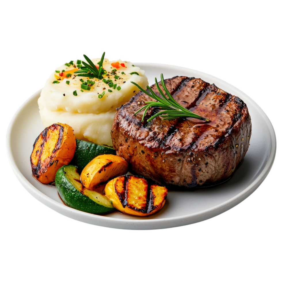 Free Isolated on Transparent Background, Juicy steak, creamy mashed potatoes, grilled vegetables, food, and beverage create delightful meal png