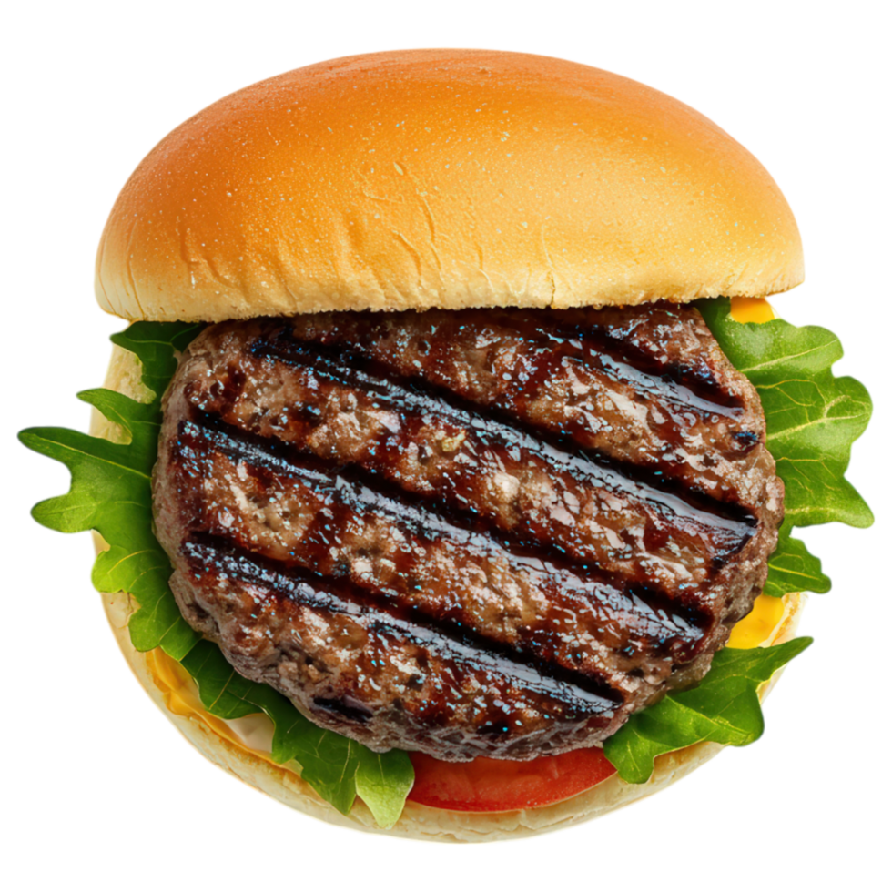 Free Isolated on Transparent Background, Delicious burger with grilled patty, lettuce, and tomato, perfect for food and beverage lovers. png