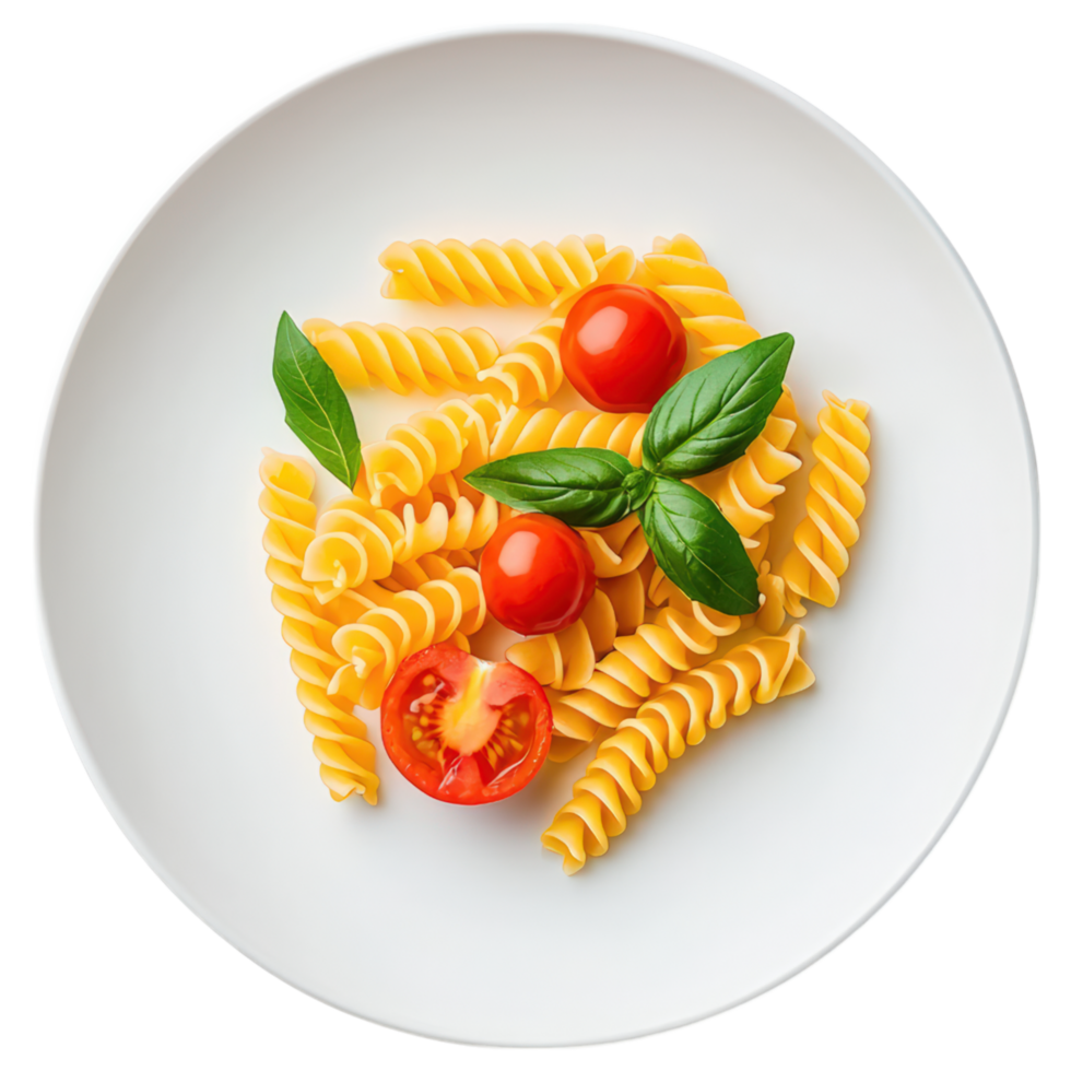 Free Isolated on Transparent Background, Delicious pasta with fresh tomatoes and basil, perfect for any meal, showcasing food and beverage png