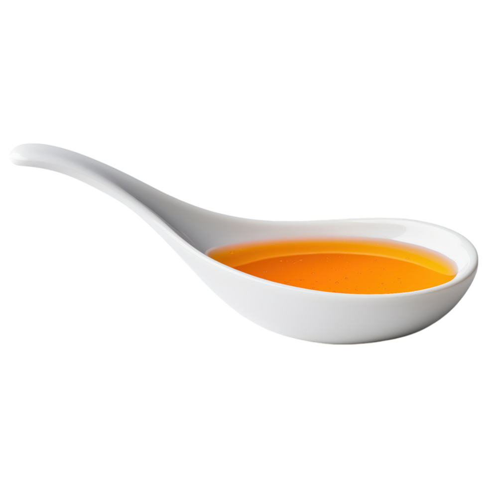 Free Isolated on Transparent Background, smooth, white ceramic spoon holds vibrant orange liquid, showcasing rich texture that invites curiosity png