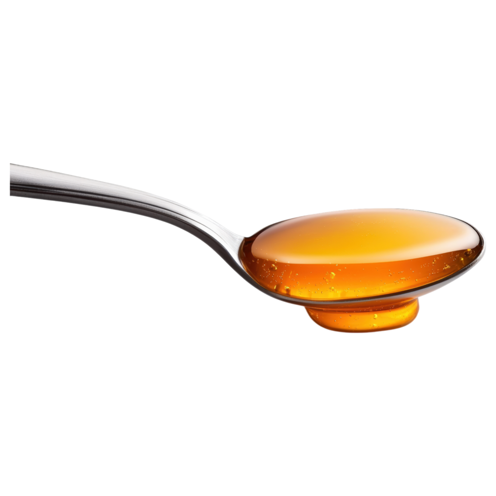 Free Isolated on Transparent Background, shiny spoon holds droplet of golden syrup, showcasing its rich color and texture, perfect for food and png