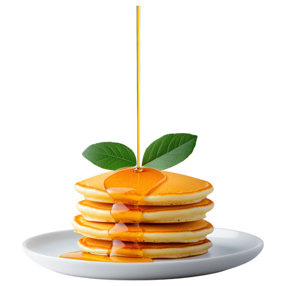 Free Isolated on Transparent Background, Delicious pancakes stacked high, drizzled with syrup, and garnished with fresh leaf, perfect for png