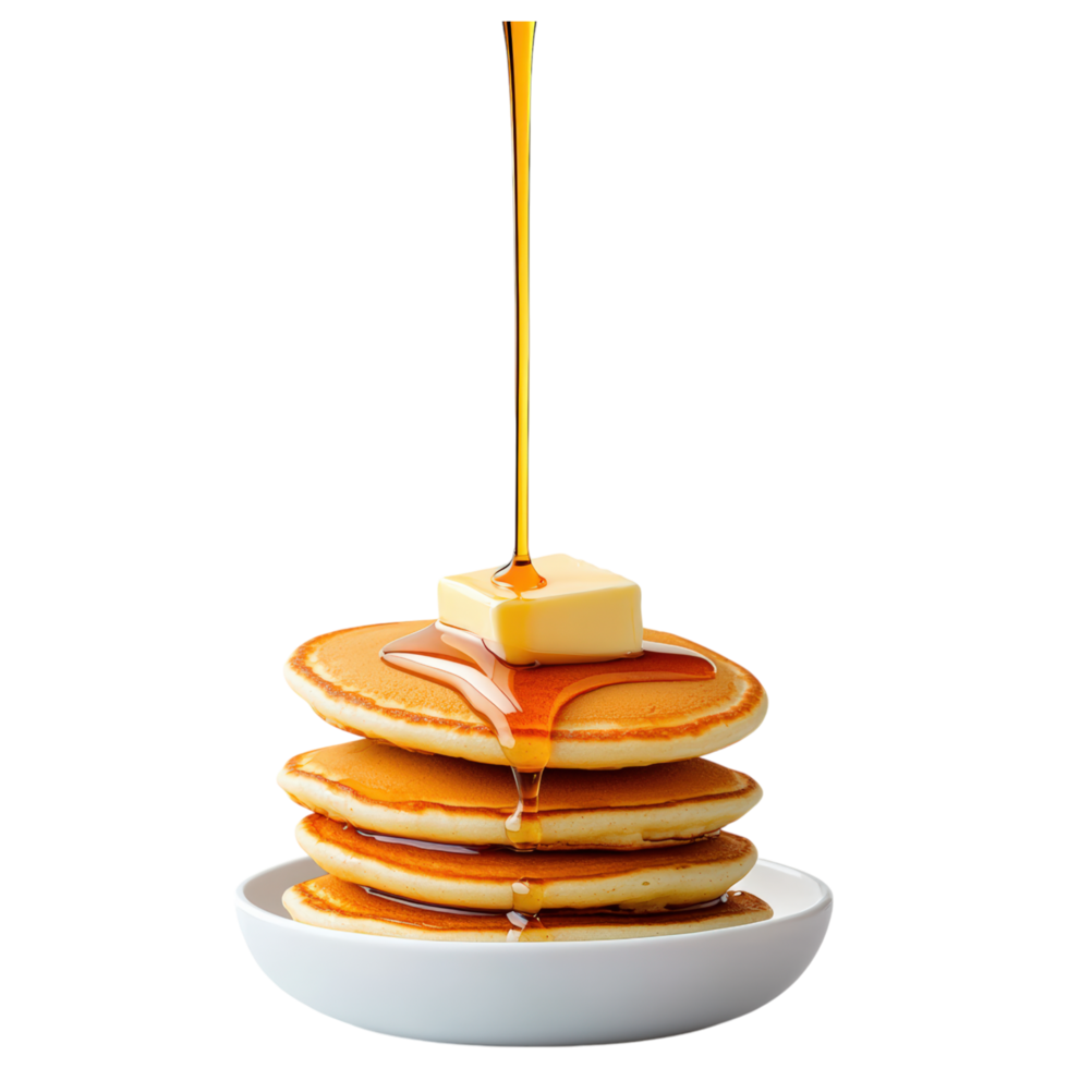 Free Isolated on Transparent Background, Delicious pancakes stacked high, topped with butter and drizzled with syrup, perfect for breakfast, food png