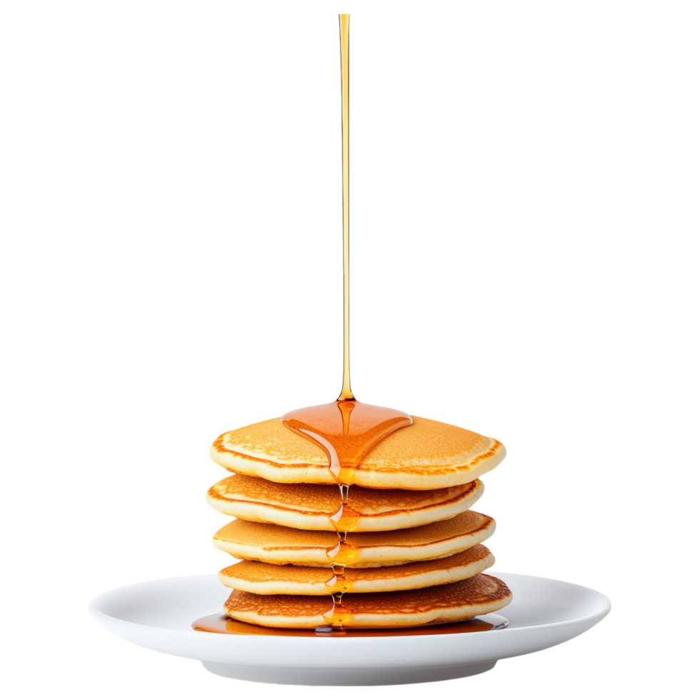 Free Isolated on Transparent Background, Fluffy pancakes stacked high, drizzled with syrup, perfect for breakfast, food, and beverage lovers png