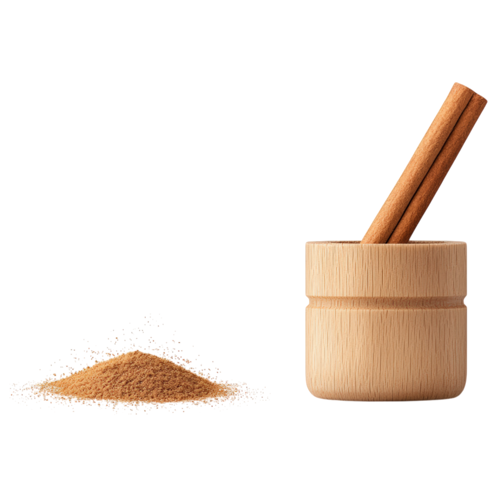 Free Isolated on Transparent Background, wooden mortar with cinnamon sticks and ground spice, showcasing natural materials and culinary elements png