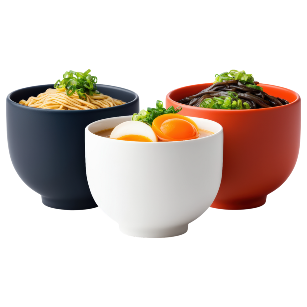 Free Isolated on Transparent Background, Delicious bowls of noodles, eggs, and vegetables, showcasing vibrant colors and textures, perfect for png