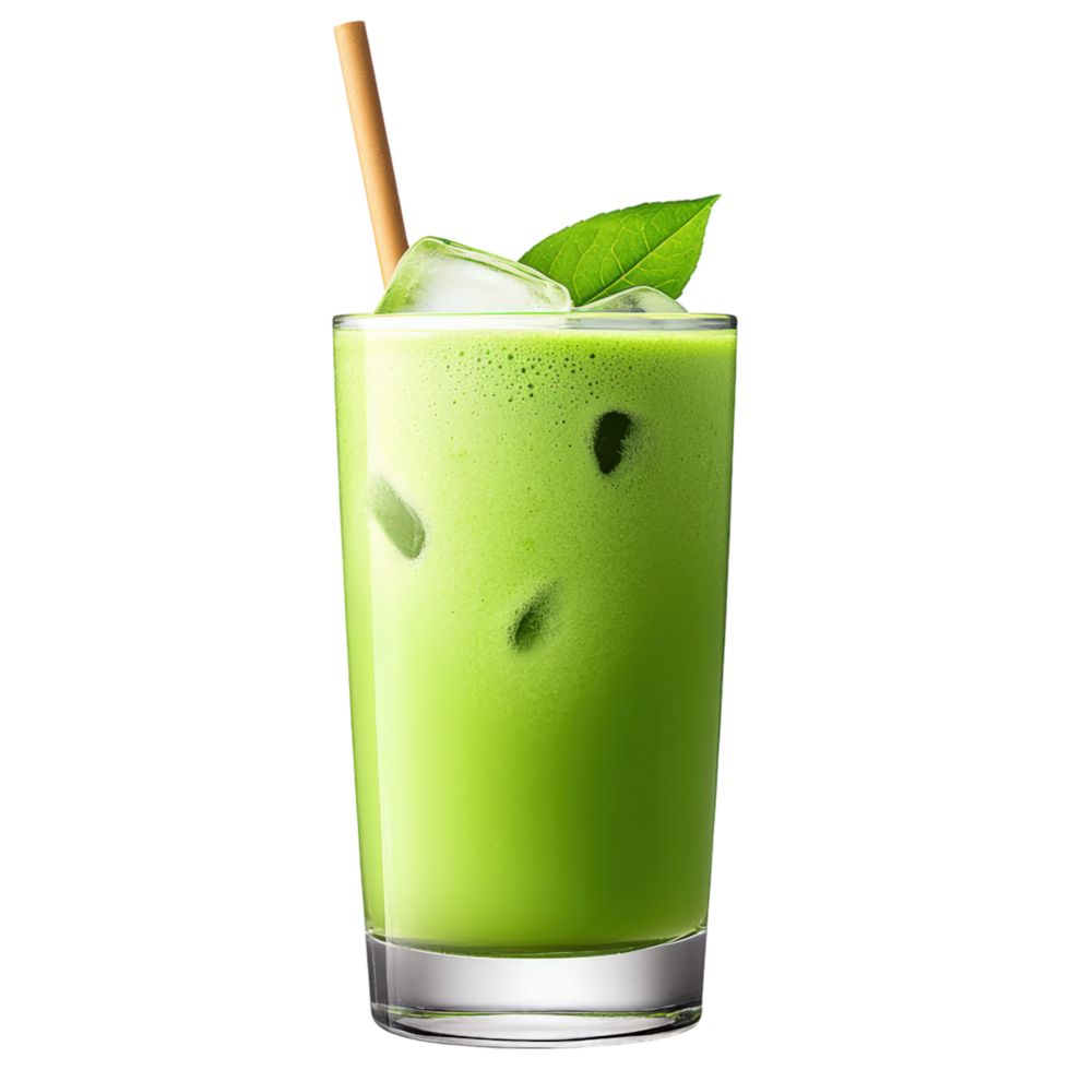Free Isolated on Transparent Background, Refreshing green beverage with ice, perfect for hot days, featuring straw and leaf garnish. Enjoy this png
