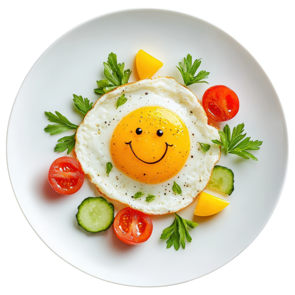 Free Isolated on Transparent Background, cheerful breakfast plate featuring sunny side up egg with smiley face, surrounded by fresh vegetables png