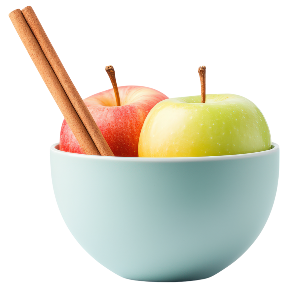 Free Isolated on Transparent Background, Fresh apples bowl, showcasing vibrant colors and cinnamon sticks, perfect for food and beverage lovers png