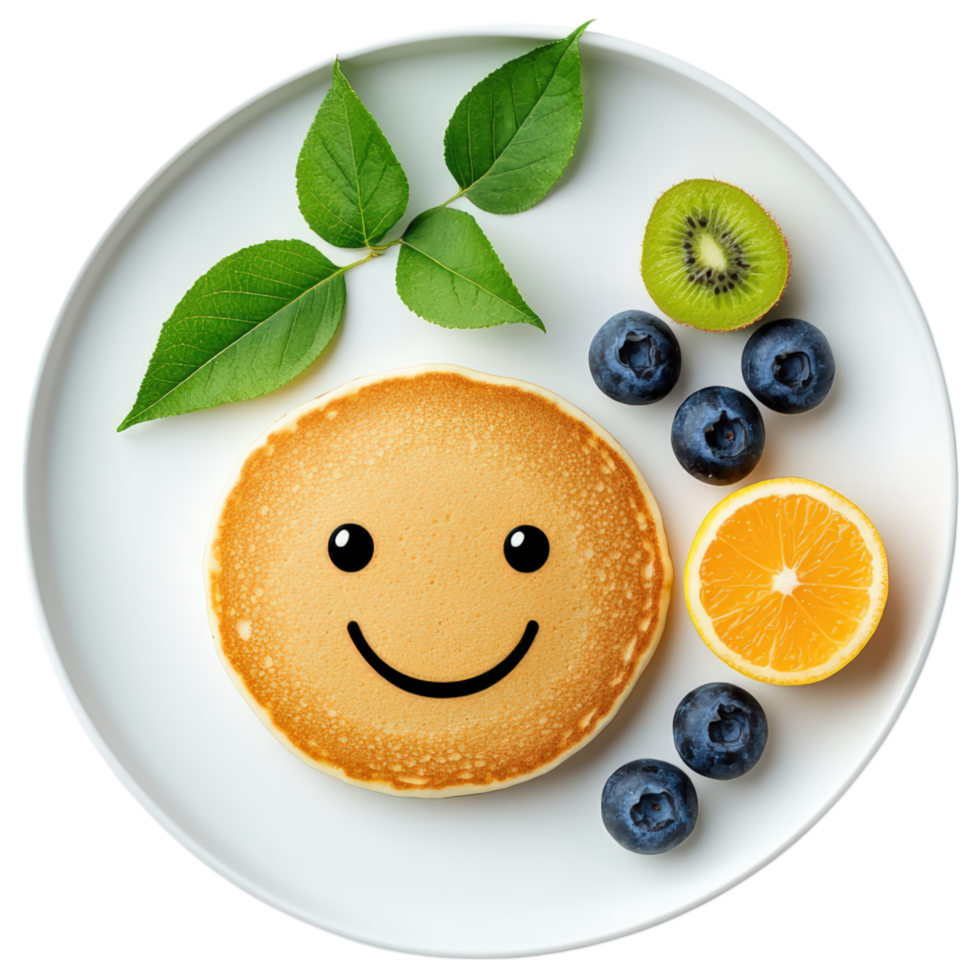 Free Isolated on Transparent Background, cheerful pancake with smiley face, surrounded by fresh blueberries, slice of lemon, kiwi, and green png