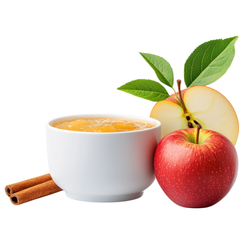 Free Isolated on Transparent Background, Delicious apple juice with fresh apples, cinnamon sticks, and vibrant green leaves, perfect for food and png