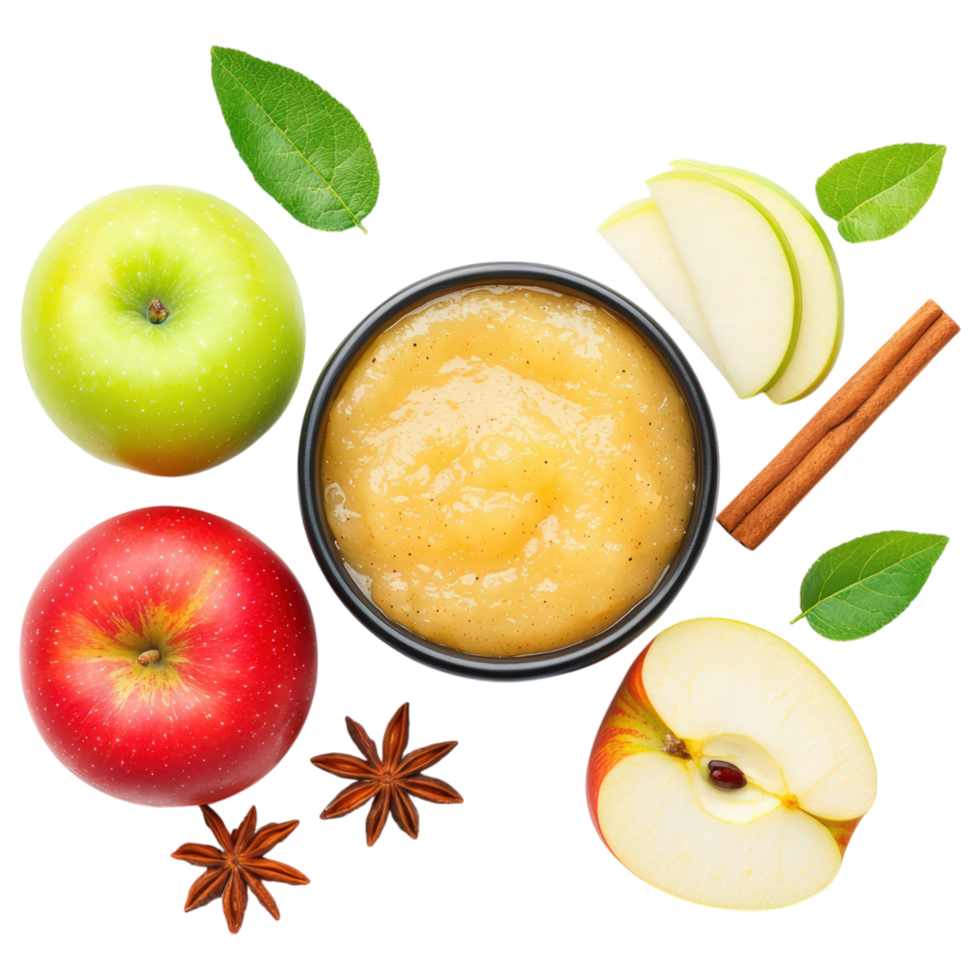 Free Isolated on Transparent Background, Delicious applesauce made from fresh apples, showcasing vibrant green and red apples, and aromatic spices png