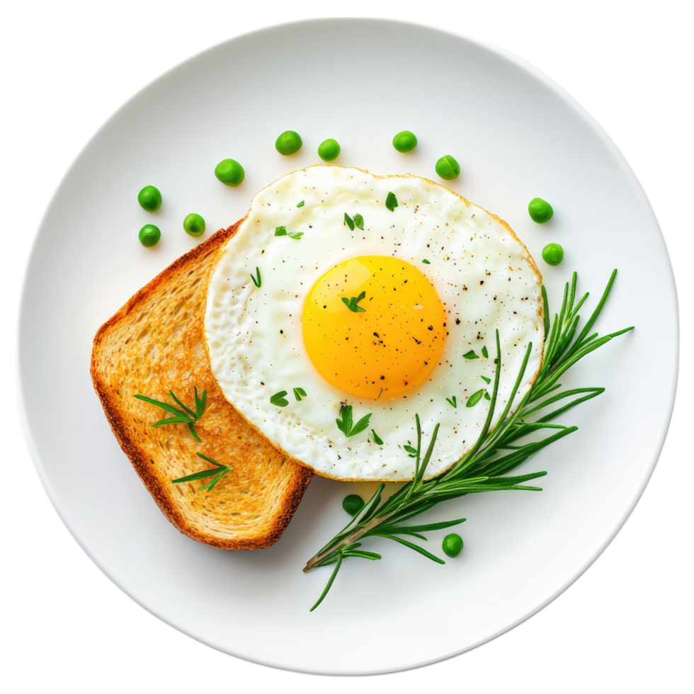 Free Isolated on Transparent Background, delicious breakfast featuring fried egg toast, garnished with green peas and fresh herbs, perfect for png