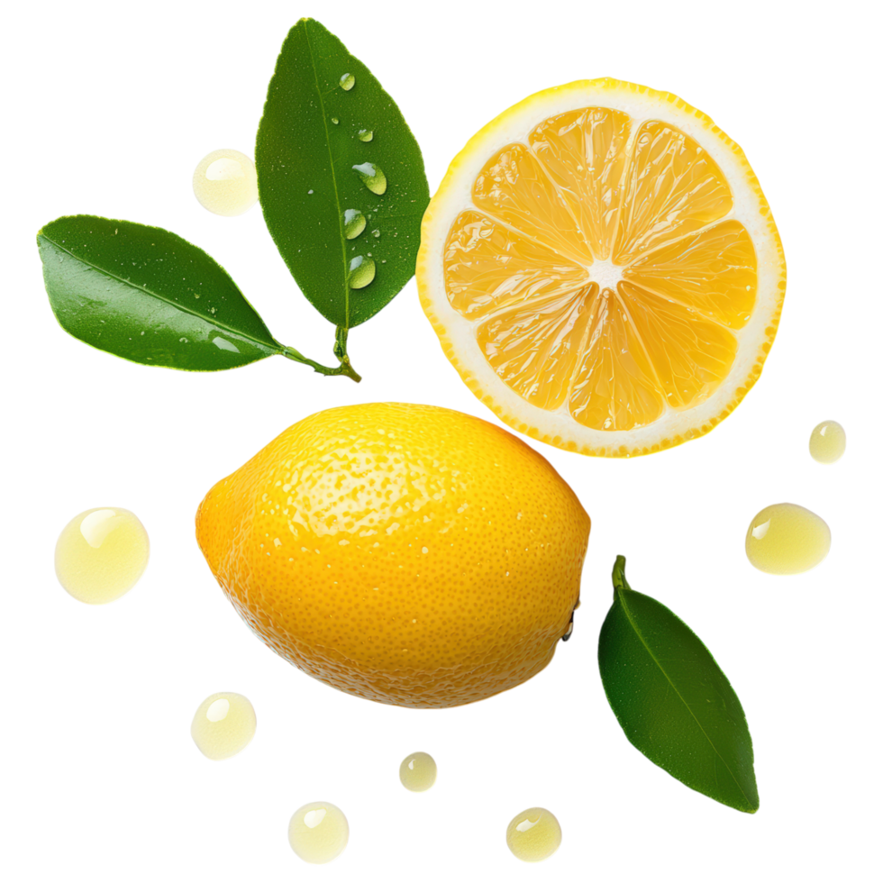 Free Isolated on Transparent Background, Fresh lemon, citrus fruit, sliced, green leaves, droplets, food, and beverage, vibrant, juicy, healthy png