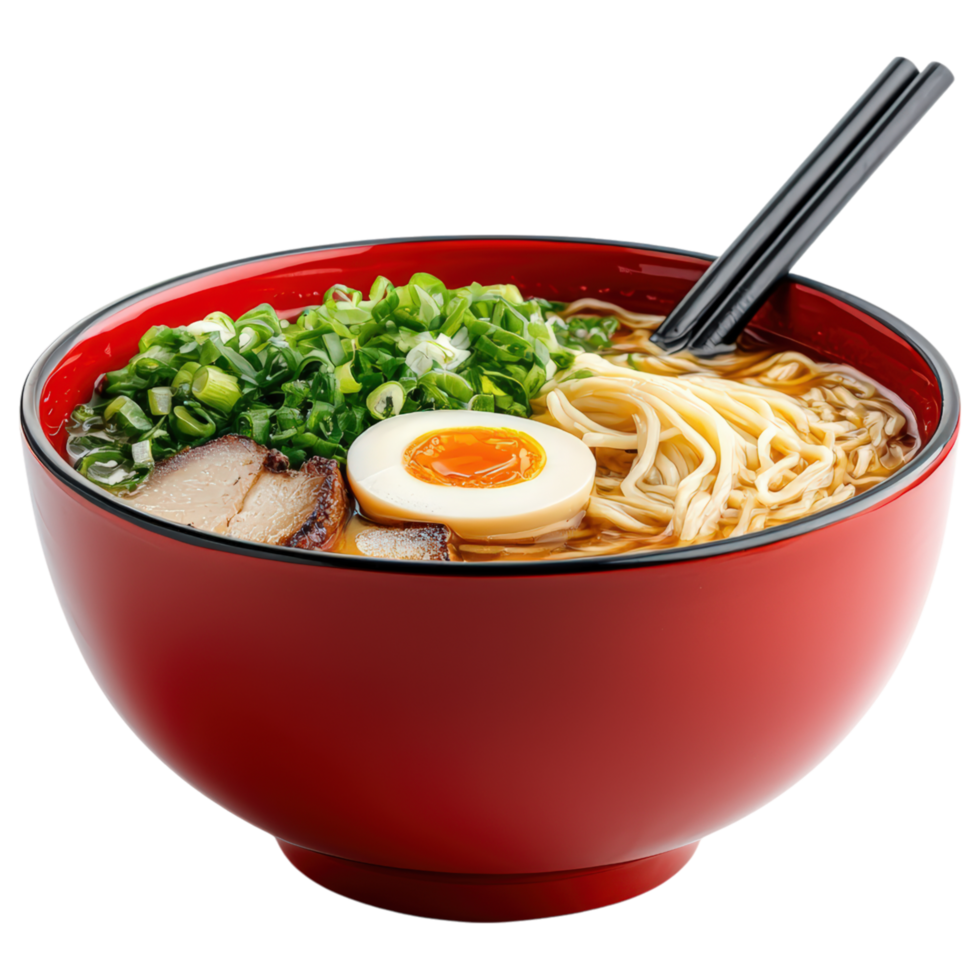 Free Isolated on Transparent Background, Delicious ramen bowl with noodles, egg, and green onions, perfect for food and beverage lovers png