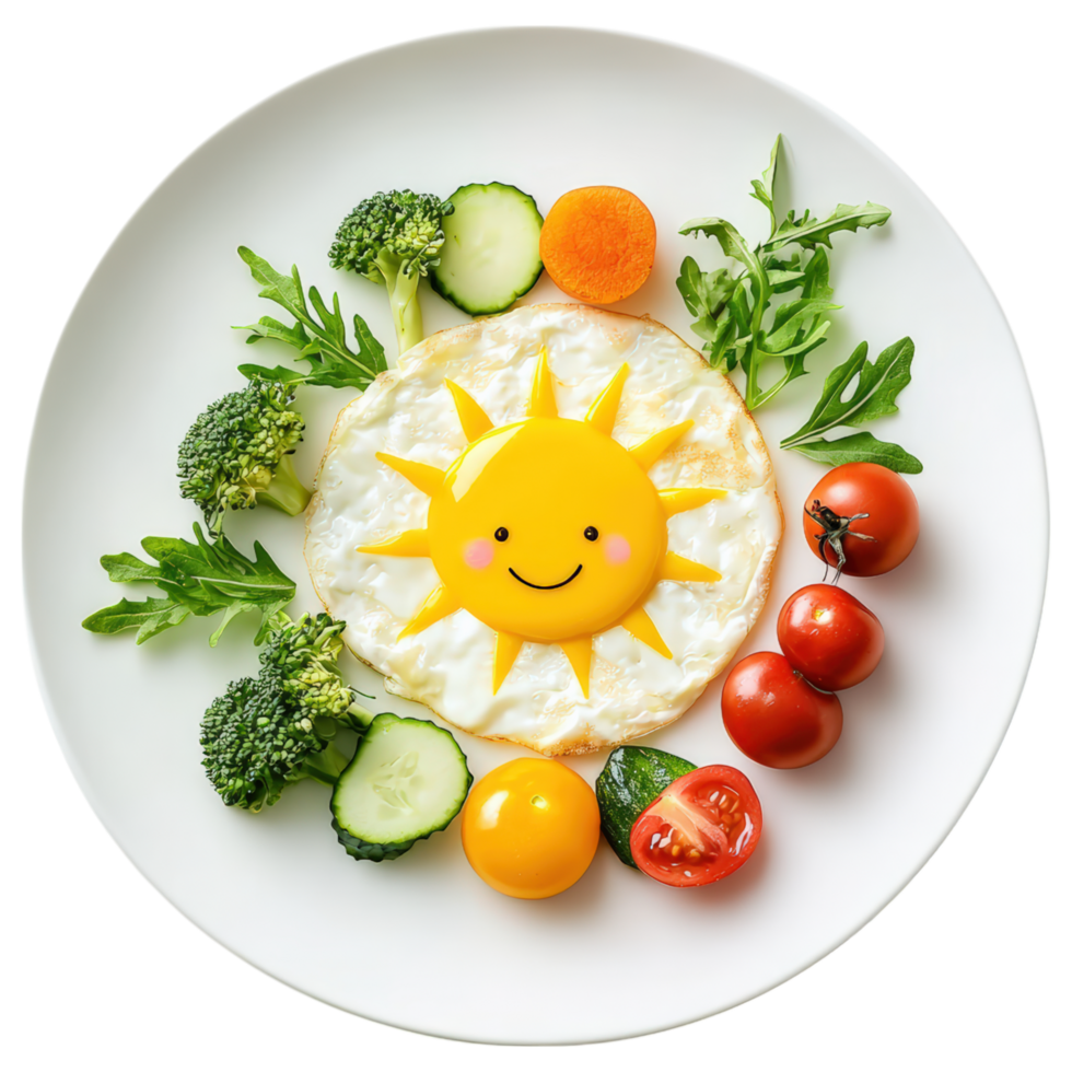 Free Isolated on Transparent Background, cheerful breakfast plate featuring sunny side up egg shaped like sun, surrounded by fresh vegetables png